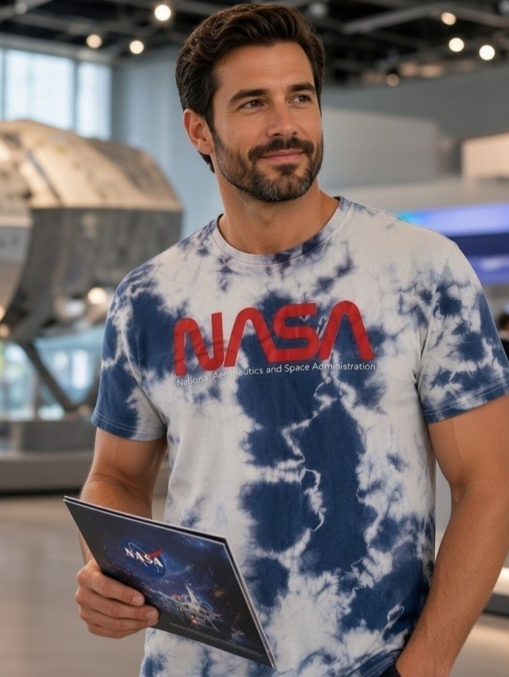 Nasa Men's Size Medium Graphic Print Tie-Dye Blue Short-Sleeve Crewneck T-Shirt.